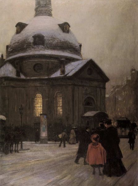 Berlin, Böhmische Kirche (Betlehemskirche). by Franz Skarbina. 1898–1902. Motifs recorded: kirche, schnee, kind, winter, menschen, kuppel, fenster, mantel.
