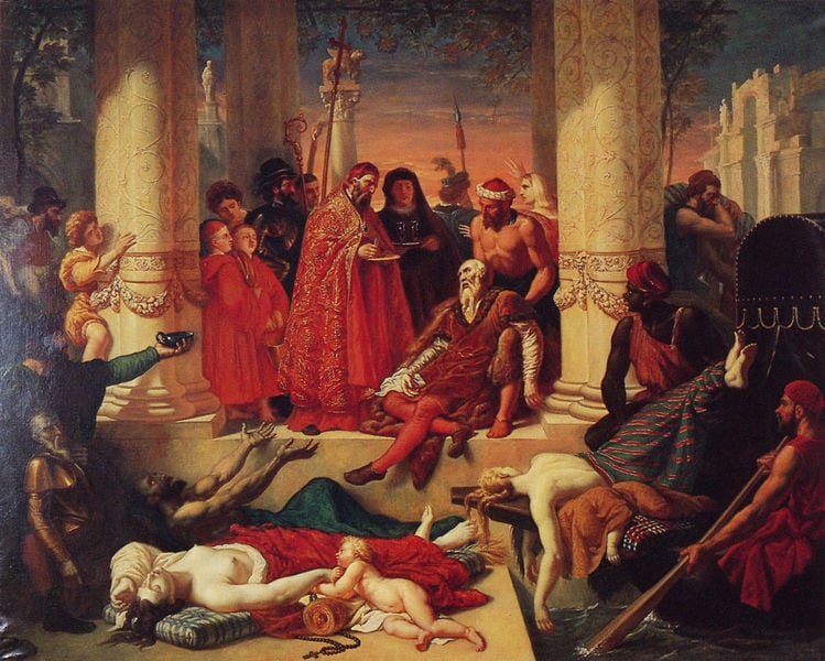Der Tod Tizians. by Pierre Nolasque Bergeret. 1832. Motifs recorded: säulen, rot, frau, kind, mann, boot, männer, menschen.