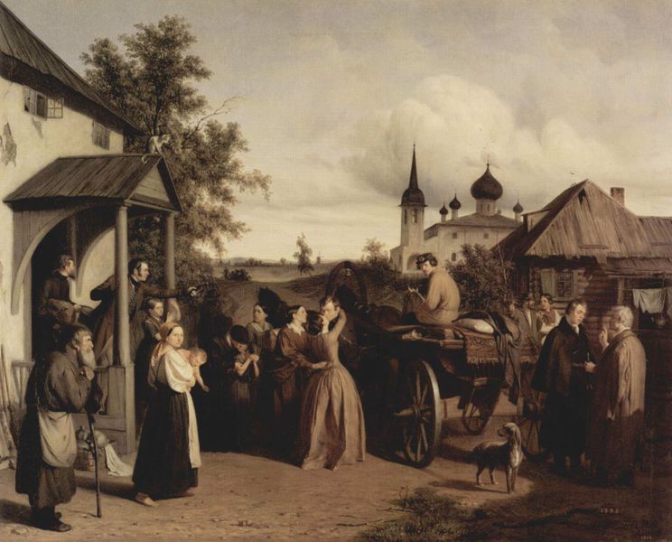 Abschied. by Alexej Filippowitsch Tschernyschow. 1850. Motifs recorded: kutsche, kirche, hund, dorf, abschied, haus, kuss, menschen.