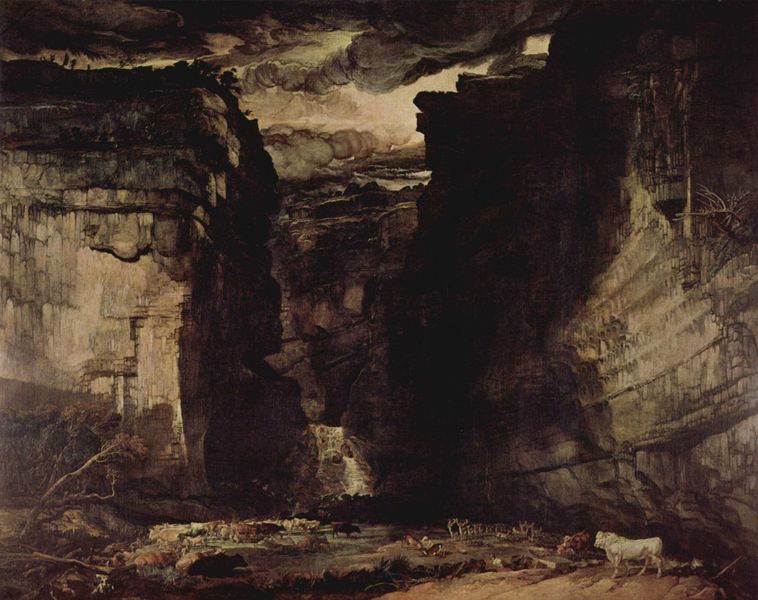 Der Engpaß von Gordale, Yorkshire. by James Ward. 1811–1815. Motifs recorded: dark, clouds, cow, tree, animals, cliff, storm, sky.