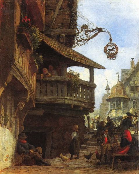 Altensteig, Marktpatz mit Rathaus. by Karl Weysser. 1878–1904. Motifs recorded: rot, menschen, balkon, blumen, kinder, haus, schild, stadt.