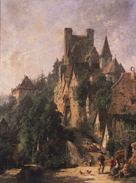 Altensteig, Südöstliche Ansicht von Berneck mit Schloss und Burgmantel. by Karl Weysser. 1897. Motifs recorded: burg, hühner, bäume, himmel, menschen, wolken, dach, frauen.