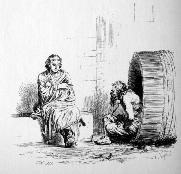 Alexander sitzt neben Diogenes in der Tonne auf einer Steinbank (aus Illustrationen zu den Werken Friedrichs des Großen). by Adolph Menzel. 1846–1857. Motifs recorded: fass, bart, mauer, zeichnung, mann, sitzen, philosoph, gewand.