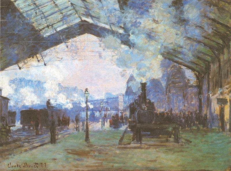 Ankunft eines Zuges aus der Normandie in der Gare Saint-Lazare. by Claude Monet. 1877. Motifs recorded: monet, bahnhof, rauch, menschen, laterne, impressionismus, train, blau.