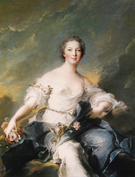 Angélique-Louise-Sophie, marquise de Baglion als Flora. by Jean-Marc Nattier. 1746. Motifs recorded: frau, blumen, wolken, blau, himmel, weiß, porträt, blüten.