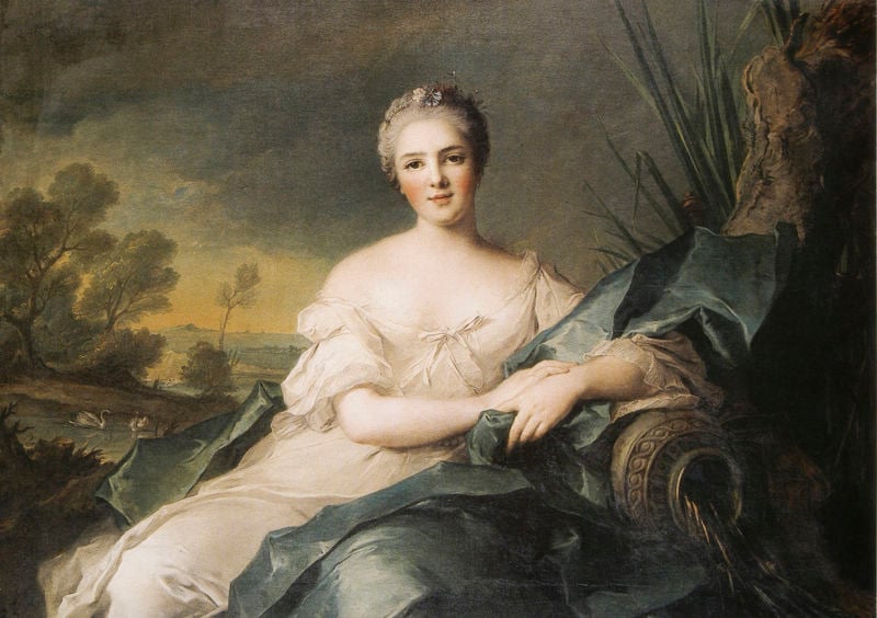 Madame Victoire, als Verkörperung des Wassers. by Jean-Marc Nattier. 1751. Motifs recorded: frau, femme, portrait, schwäne, bäume, landschaft, tuch, weiss.