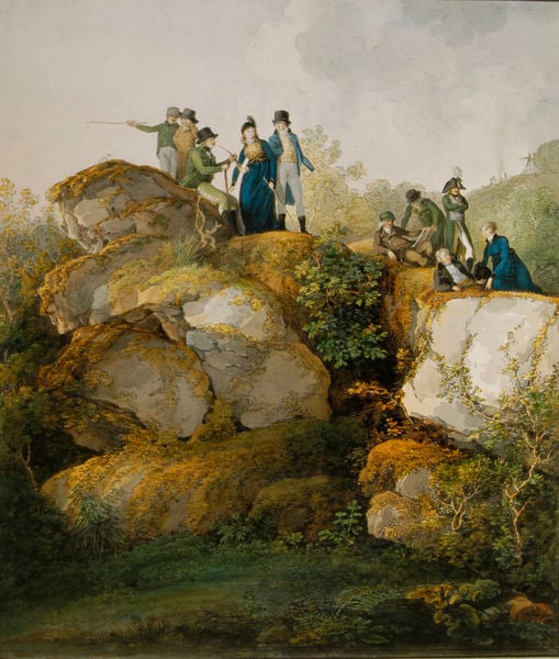 Der hängende Fels auf dem Hesselberg. by Johann Georg von Dillis. 1801. Motifs recorded: felsen, himmel, ausflug, frauen, männer, gesellschaft, fels, pfeife.