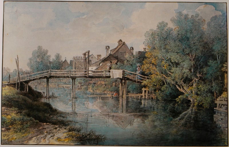 Steg über einen Bach in der Münchner Vorstadt Au. by Johann Georg von Dillis. 1790–1800. Motifs recorded: brücke, spiegelung, fluss, himmel, wolken, wasser, holz, bäume.