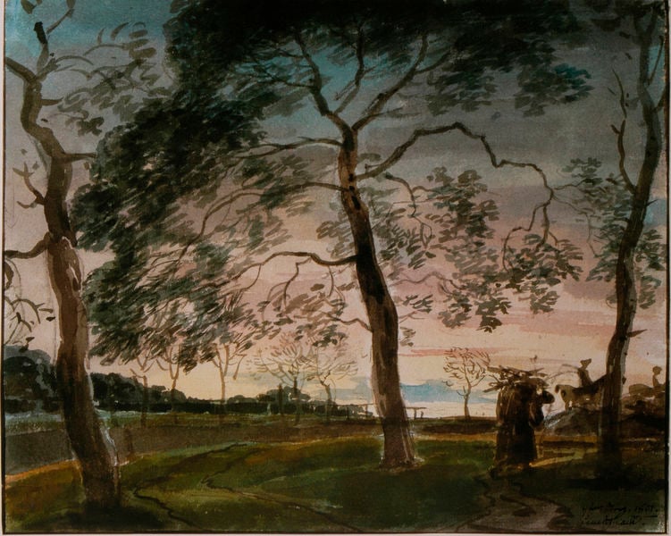 Bei Feuchtlach. by Johann Georg von Dillis. 1801. Motifs recorded: bäume, baum, landschaft, grün, himmel, braun, äste, wolken.