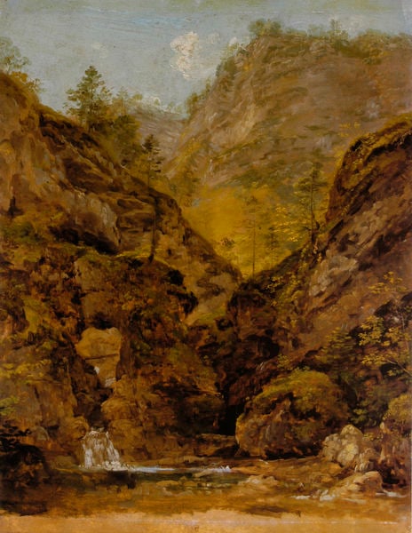 Bergschlucht. by Johann Georg von Dillis. 1830–1840. Motifs recorded: wasserfall, bäume, landschaft, schlucht, himmel, bach, wasser, felsen.