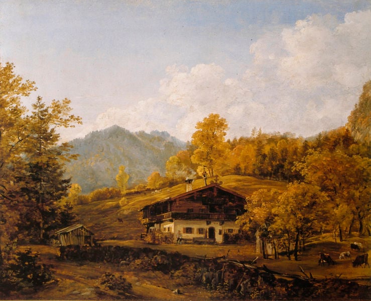 Bergbauernhof in herbstlicher Morgensonne. by Johann Georg von Dillis. 1830. Motifs recorded: house, trees, cows, herbst, landscape, landschaft, sky, berge.