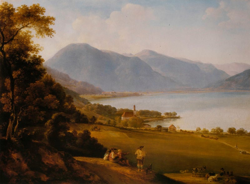 Der Tegernsee. by Johann Georg von Dillis. 1825. Motifs recorded: landschaft, kirche, see, berge, bäume, menschen, hund, wolken.
