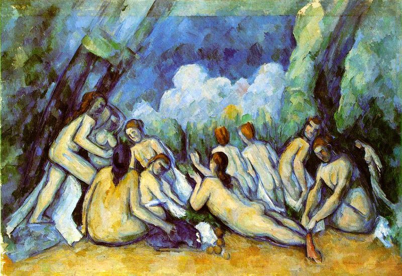 Badende. by Paul Cézanne. 1900–1906. Motifs recorded: frauen, blau, nackt, cezanne, badende, grün, wolken, gelb.