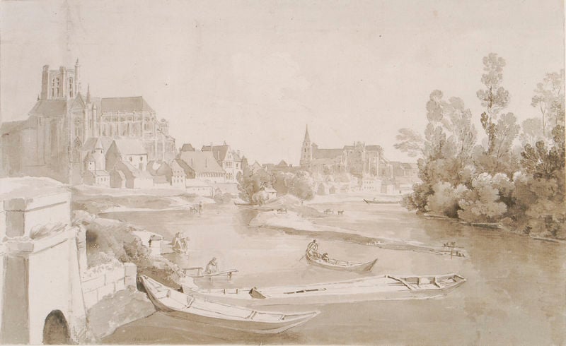 Auxerre. by Johann Georg von Dillis. 1806. Motifs recorded: boote, boot, insel, zeichnung, stadt, fluss, kirche, wasser.