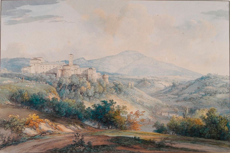 Ansicht von Grottaferrata gegen den Monte Cavo. by Johann Georg von Dillis. 1795. Motifs recorded: castle, landscape, mountain, trees, sky, sheep, hills, clouds.