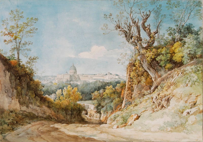 Blick über den Arco oscuro auf St. Peter und den Vatikan. by Johann Georg von Dillis. 1818. Motifs recorded: weg, kuppel, bäume, himmel, stadt, landschaft, kirche, rom.