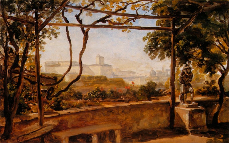Blick von der Villa Malta auf den Quirinal. by Johann Georg von Dillis. 1816–1818. Motifs recorded: bank, blumen, balkon, stadt, statue, himmel, mauer, bäume.