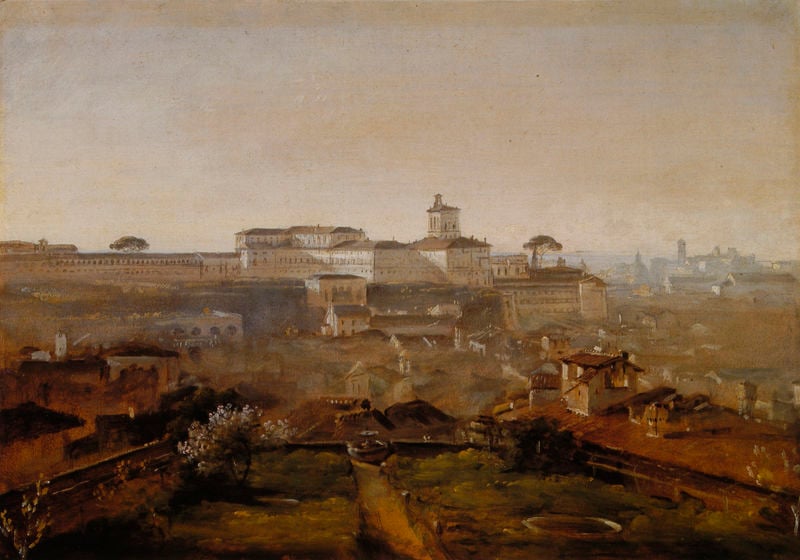 Blick auf den Quirinal. by Johann Georg von Dillis. 1818. Motifs recorded: stadt, himmel, häuser, bäume, turm, baum, dächer, burg.