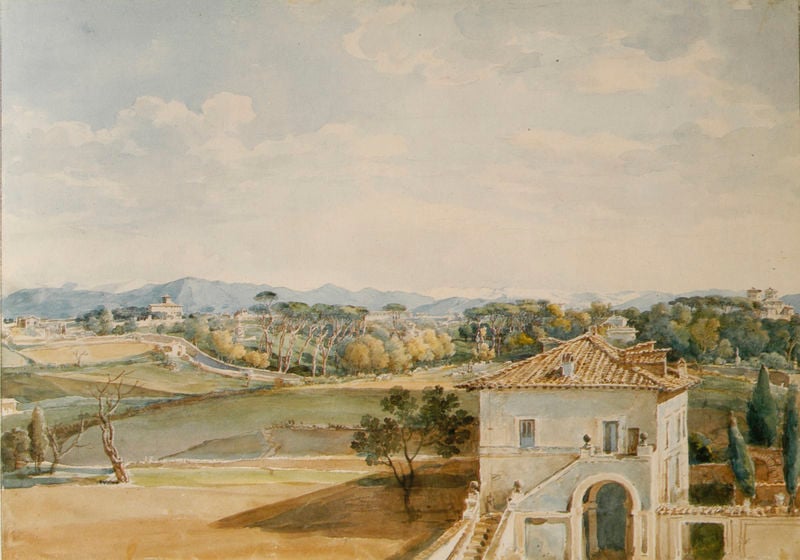 Ansicht von der Villa Poniatowski in Rom auf Villa Borghese und Villa Medici. by Johann Georg von Dillis. 1818–1819. Motifs recorded: haus, himmel, landschaft, berge, bäume, wolken, zypressen, dach.
