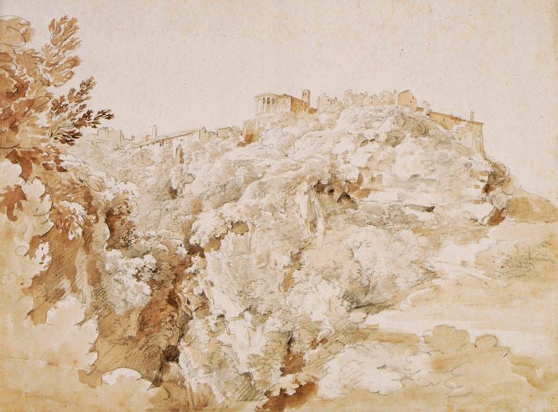 Ansicht aus dem Anienetal gegen Tivoli mit Sibyllentempel. by Johann Georg von Dillis. 1790–1818. Motifs recorded: berg, zeichnung, wald, himmel, braun, bäume, hügel, landschaft.