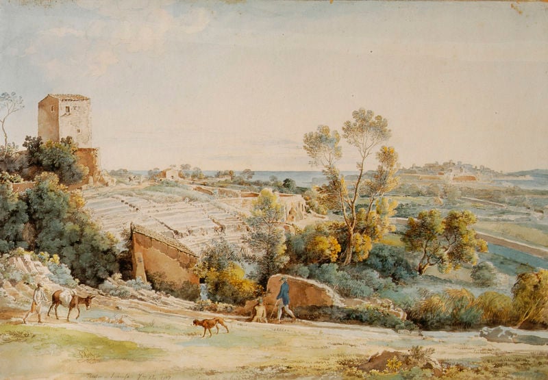 Das griechische Theater von Syrakus. by Johann Georg von Dillis. 1817. Motifs recorded: esel, landschaft, hund, turm, bäume, weg, haus, baum.