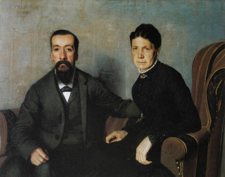 Bildnis der Eltern des Künstlers. by Félix Vallotton. 1886. Motifs recorded: bart, frau, mann, ehepaar, schwarz, sessel, paar, portrait.