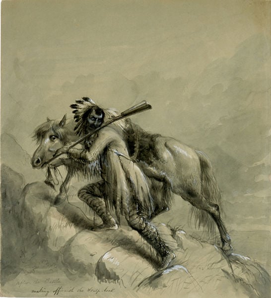 After the Battle, Making off with the Scalp Lock. by Alfred Jacob Miller. 1837–1838. Motifs recorded: horse, indian, feathers, climbing, native, rifle, rocks, headdress.