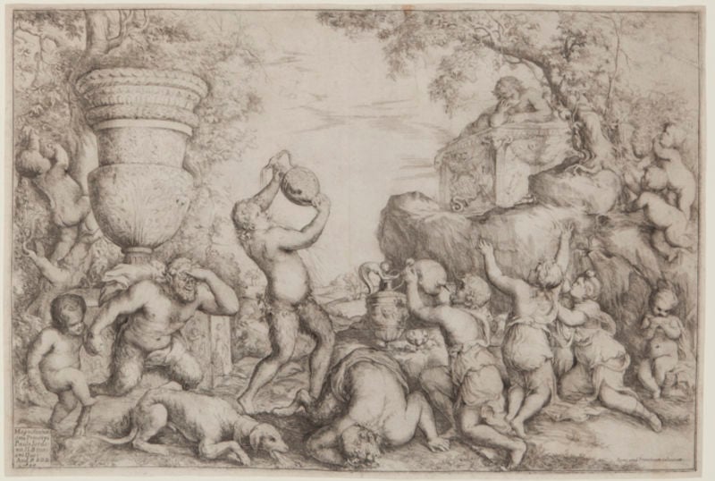 A Baccahanal. by Giovanni Andrea Podestà. 1640. Motifs recorded: tree, dog, vase, men, children, drawing, nude, people.