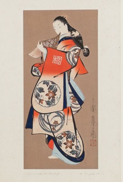 A Damsel with a Handkerchief. by Choyodo Anchi. 1710. Motifs recorded: woman, japanese, kimono, hair, asian, red, blue, japan.