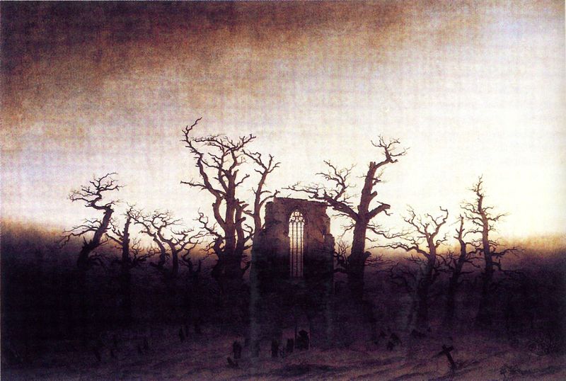 Abtei im Eichenwald. by Caspar David Friedrich. 1809. Motifs recorded: ruine, romantik, fenster, friedrich, bäume, gotik, dunkel, licht.