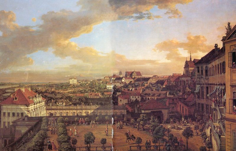 Ansicht von Warschau mit der Terrasse des Königlichen Schlosses. by Canaletto. 1773. Motifs recorded: pferd, reiter, treppe, stadt, kirche, wolken, häuser, schloss.