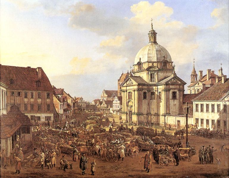 Die Sakramentinerinnenkirche. by Canaletto. 1778. Motifs recorded: häuser, markt, kuppel, platz, stadt, menschen, kirche, himmel.