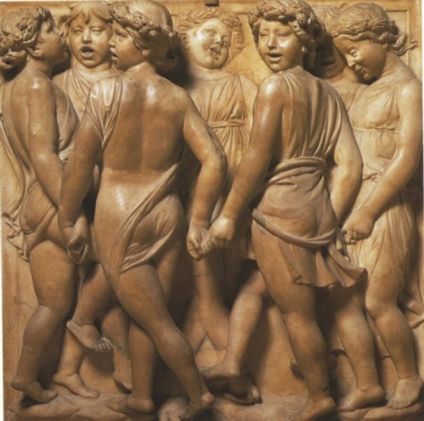 Cantoria. by Luca della Robbia. 1431–1438. Motifs recorded: singen, tanz, children, kinder, hair, dancing, relief, feet.
