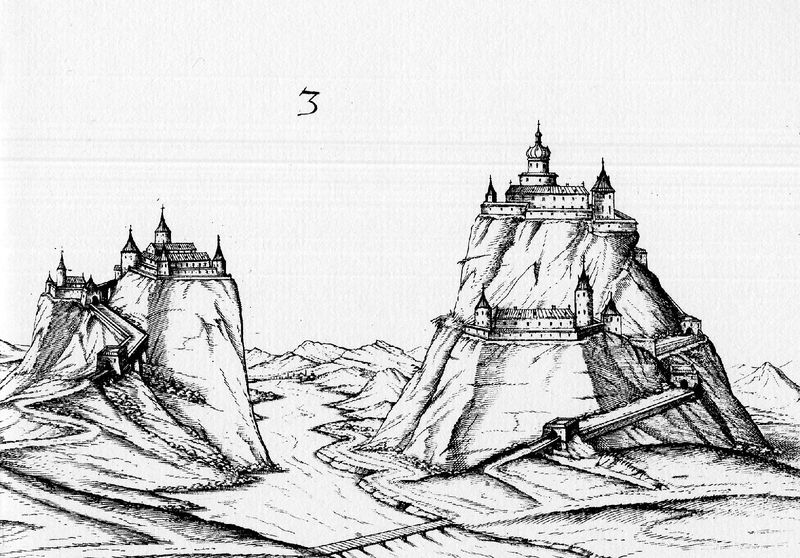 Architectura von Vestungen. by Daniel Specklin. 1589. Motifs recorded: burg, berge, fluss, türme, zeichnung, 3, burgen, brücke.