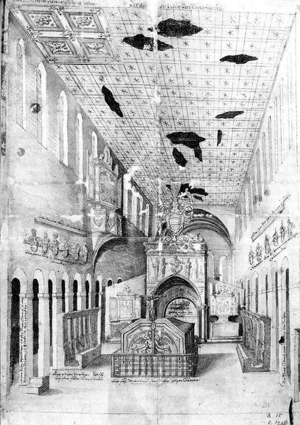 Abteikirche Stams in Tirol. 1273–1284. Motifs recorded: kirche, fenster, zeichnung, kreuz, decke, arkaden, grau, wappen.