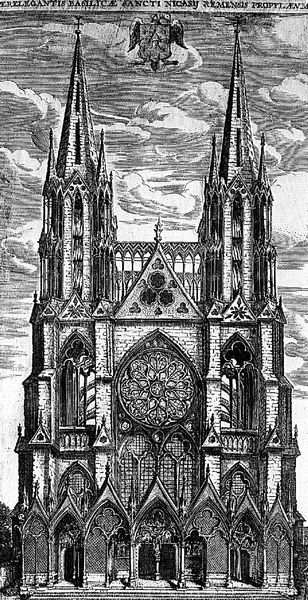 Abteikirche Saint-Nicaise in Reims. 1221. Motifs recorded: kirche, gotik, wolken, rosette, zeichnung, treppe, kathedrale, türme.