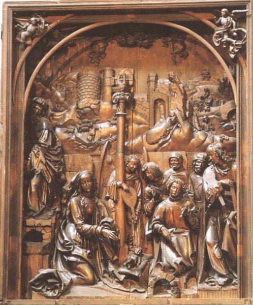 Altar der Nürnberger Karmeliterkirche mit Relief von der Anbetung des Kindes. by Veit Stoß. 1520–1523. Motifs recorded: relief, säule, holz, engel, jesus, maria, laute, turm.