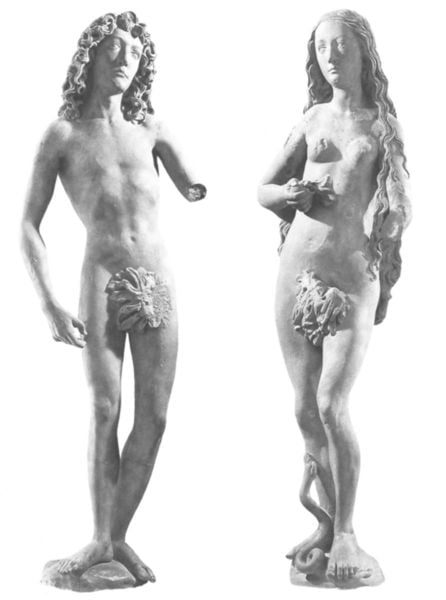 Adam und Eva. by Tilman Riemenschneider. 1491–1493. Motifs recorded: adam, eva, schlange, haare, nackt, blatt, frau, feigenblatt.