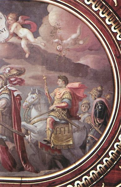Augsburg, Rathaus, Goldener Saal. by Johann Matthias Kager. 1643. Motifs recorded: pferd, reiter, engel, himmel, decke, wolke, rot, schwert.