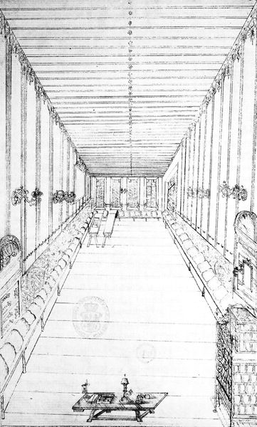 Altes Nürnberger Rathaus. 1300–1700. Motifs recorded: tisch, saal, zeichnung, perspektive, innenraum, raum, stempel, decke.