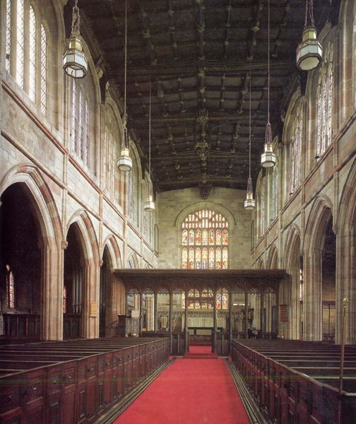 Astbury Church (St Mary’s Church), Astbury/Cheshire. 1400–1500. Motifs recorded: kirche, lampen, teppich, bänke, fenster, rot, bogen, säulen.