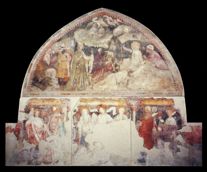 Anbetung der Könige und Heiligenreihe, Fresken der 4. Domkreuzgangarkade. by Erasmus von Bruneck. 1415. Motifs recorded: fresko, spitzbogen, stab, farbe, banner, jesus, bischof, papst.