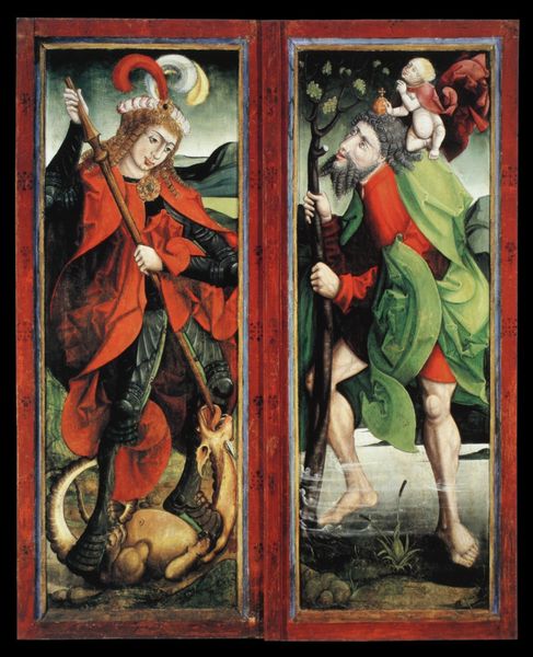 Altarflügel aus Meran mit den Heiligen Christoph und Georg. 1510. Motifs recorded: drache, speer, rot, wasser, umhang, grün, federn, christopherus.
