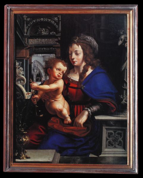 Madonna mit Kind. by Jan Gossaert (gen. Mabuse). 1525–1530. Motifs recorded: kind, blau, nackt, mutter, madonna, haare, rot, kreuz.