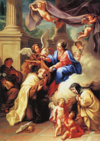 Die Madonna überreicht dem seligen Simon Stock das Skapulier. by Martin Knoller. 1725–1804. Motifs recorded: engel, buch, blau, wolke, schädel, mönch, säulen, putten.