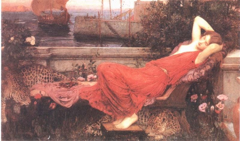 Ariadne. by John William Waterhouse. 1898. Motifs recorded: frau, rot, schiff, kleid, wasser, treppe, segel, busen.
