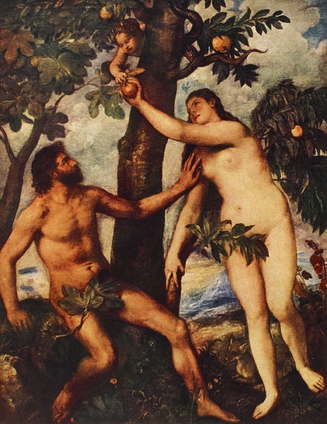 Adam und Eva. by Tiziano Vecellio. 1570. Motifs recorded: adam, eva, nackt, apfel, baum, schlange, paradies, bart.