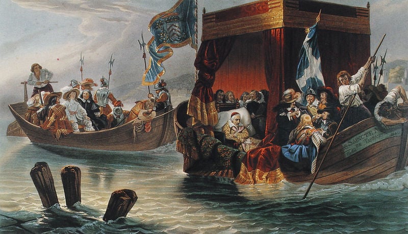 Der Kardinal und der 5. März 1829. by Louis-Adolphe Gautier. 1855. Motifs recorded: wasser, boot, schiff, papst, soldaten, baldachin, boote, fahne.