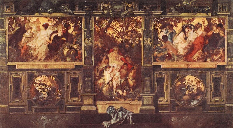 Moderne Amoretten, Entwurf zur Dekoration eines Saales. by Hans Makart. 1868. Motifs recorded: bäume, frauen, kinder, wand, gemälde, männer, celebration, könig.