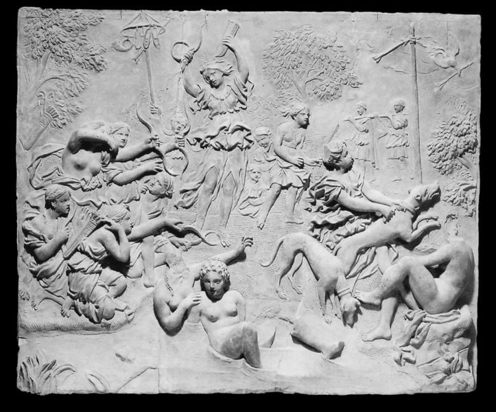 Die Jagd der Diana. by Pierre-Etienne Monnot. 1693. Motifs recorded: hunde, relief, nackt, wasser, bäume, stein, schießen, pfeil.